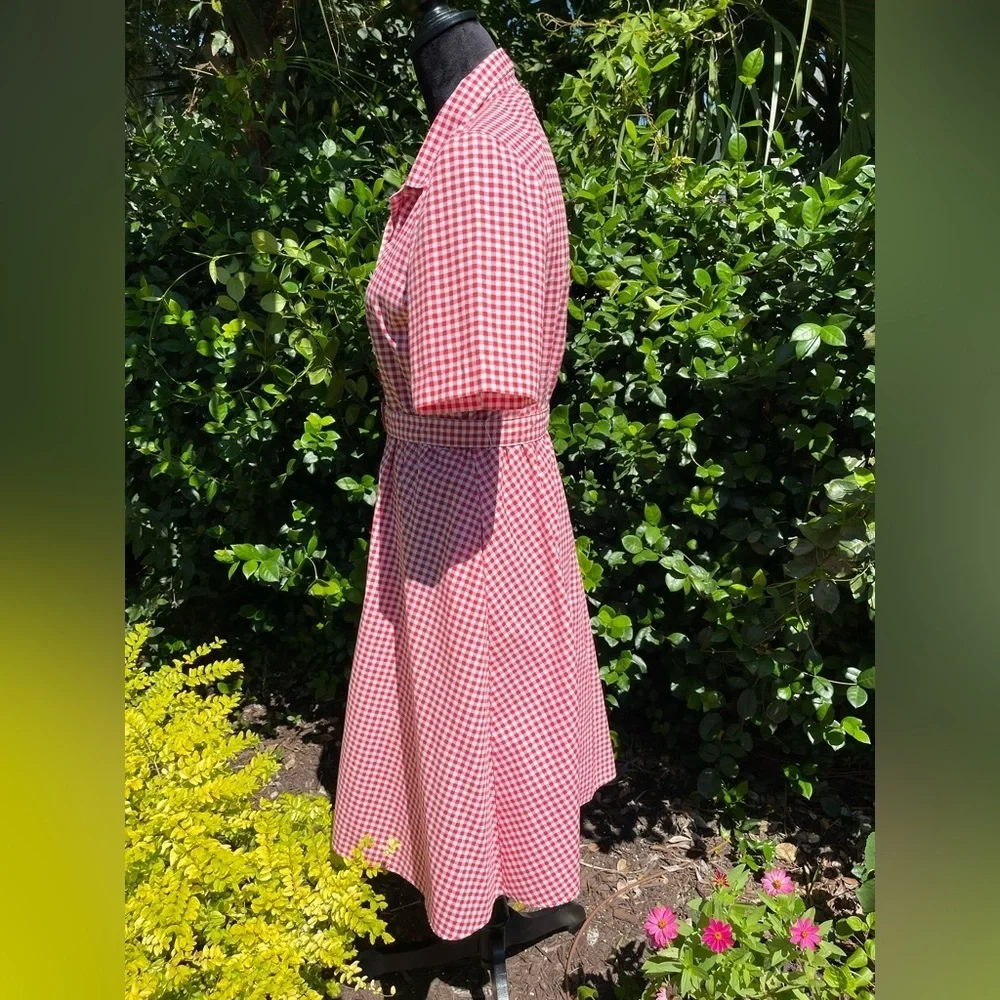 California Looks vintage gingham dress red/white belt +shoulder pads Size 8P 7-4 - Picture 2 of 11